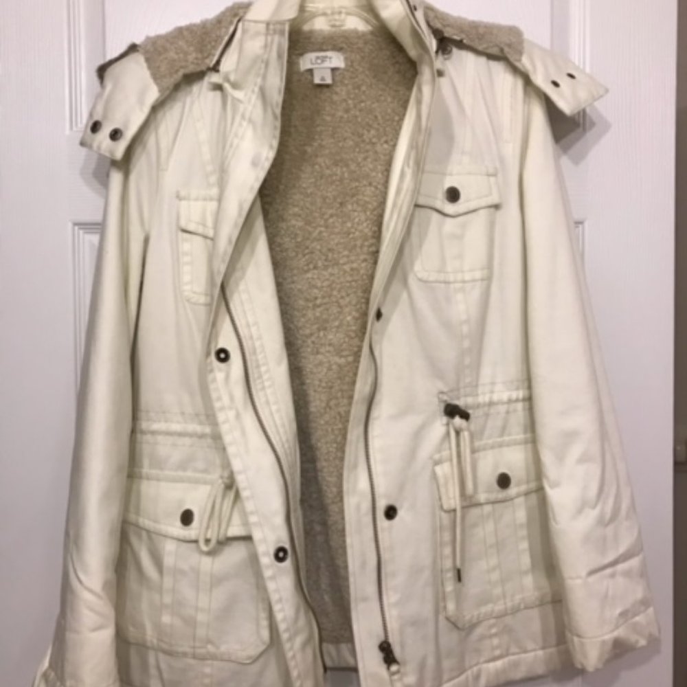 LOFT White Cream Fleece Jacket with Faux Fur Hood